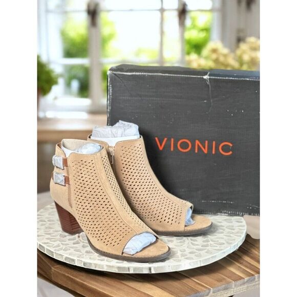 Vionic Aloft Chryssa Orthotic Booties Women’s 9.5 Peep Toe Block Heel Shoes - Picture 4 of 13